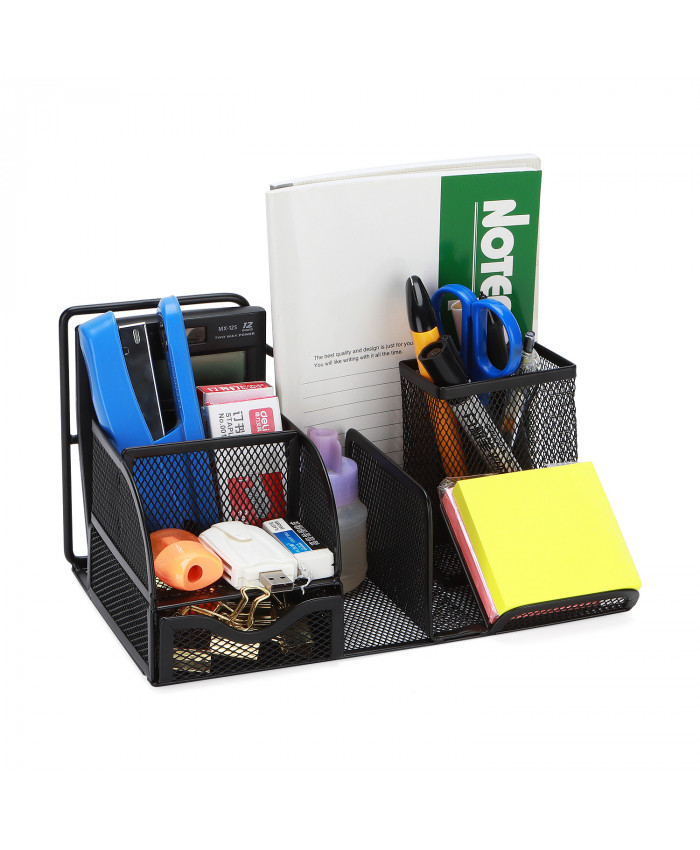 TOROTON Mesh Office Supply Caddy with Drawer, Metal Desk Organizer Storage Rack, Pen/Pencil Holder and Smartphone Holder - Black